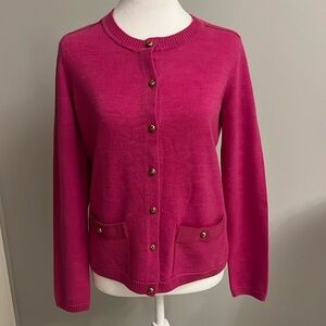 Talbots merino wool pink cardigan w/gold buttons and grosgrain ribbon Sz Small